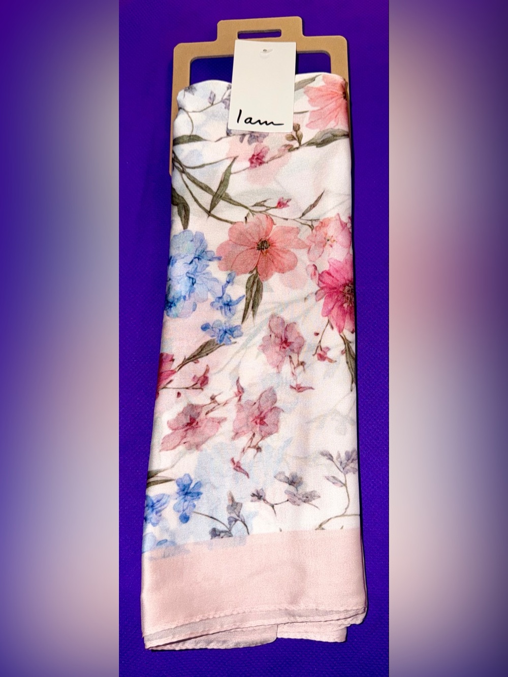 I AM Floral Satin Scarf in Pastel Pink, Blue & Cream